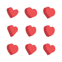 Heart flat 3d icon collection. Red hearts vector isometric illustrations.