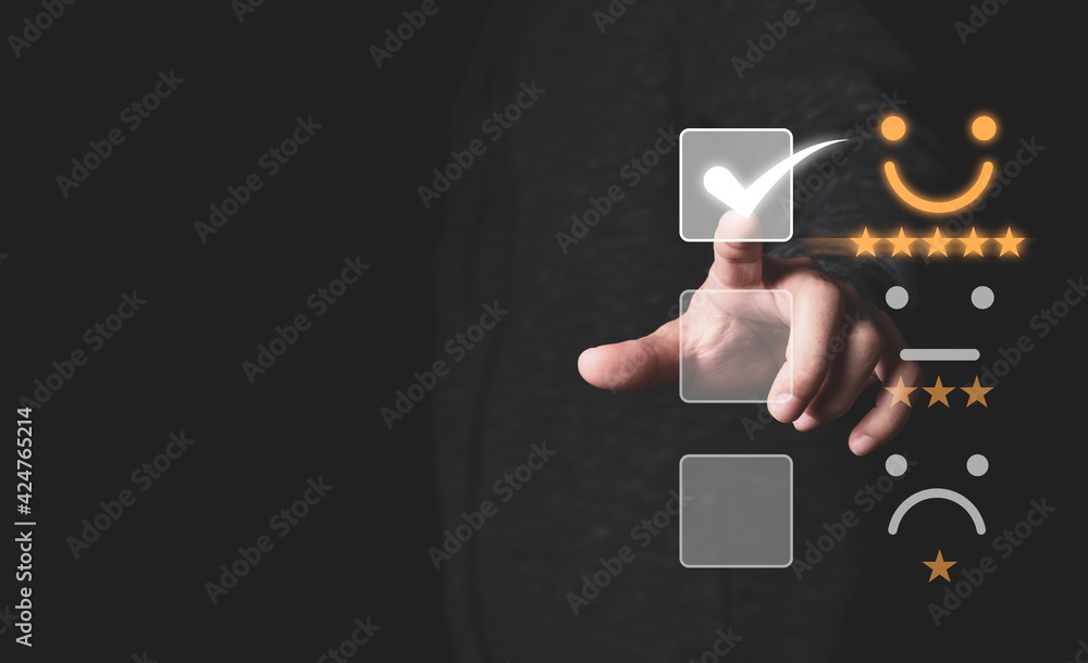 Poster customer satisfaction survey concept, businessman touching smiley face icon with yellow five stars a