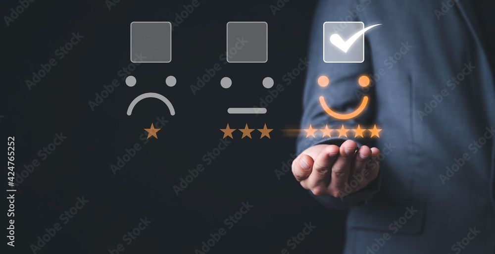 Poster customer satisfaction survey concept, businessman touching smiley face icon with yellow five stars a