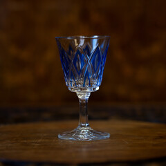 blue crystal antique engraved shot glass. glass retro shot