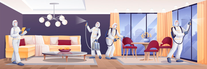 Professionals disinfecting living room from coronavirus or insects. Cleaning protection and decontamination vector illustration. People in safety suits spraying chemicals indoor