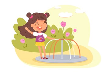Girl playing on carousel in park or playground. Happy kid doing outdoor summer activities vector illustration. Child playing in nature outside. Flowers in background