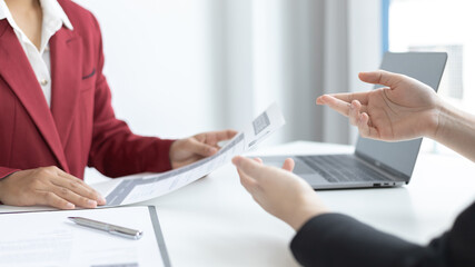 Job interview, Job applicants are talking about their abilities and past work experience to the staff, Testing the talent and skills of job applicants, Employment and selection concepts.