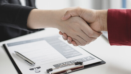 Employer or HR department welcomes new employees, Shaking hands with congratulations or achieving business and income success, selection of new staff representatives, Qualified, Hand shake concept.