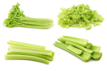 fresh celery stems ans some cut pieces on a white background