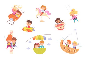 Kids riding in amusement park set. Happy children on carousel, ferris wheel, rollercoaster, ship, swing vector illustration. Boys and girls having fun in summer carnival or fair