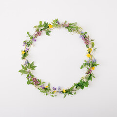 Sring creative circle with flower bloom for copy space on the white background. Minimal flat lay composition.