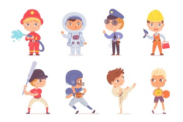 Kid professions set. Boys with professional occupations vector illustration. Children as fireman, astronaut, police, builder, sportsmen: basketball, karate and rugby players on white background