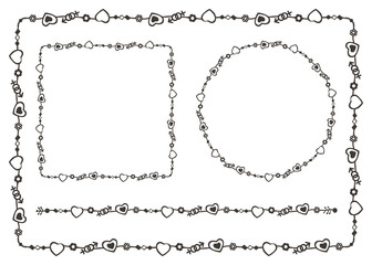 Romantic frames and seamless pattern brush. Flat monochromatic vector.