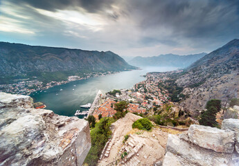 Kotor Bay towards the sunset from St John's Fortress,overlooking Old Town below, Montenegro,Eastern Europe.