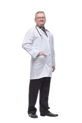 Portrait of caucasian male doctor wear white medical uniform, stethoscope and glasses look at camera