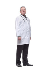 Smiling professional older man doctor wears white coat, glasses and stethoscope