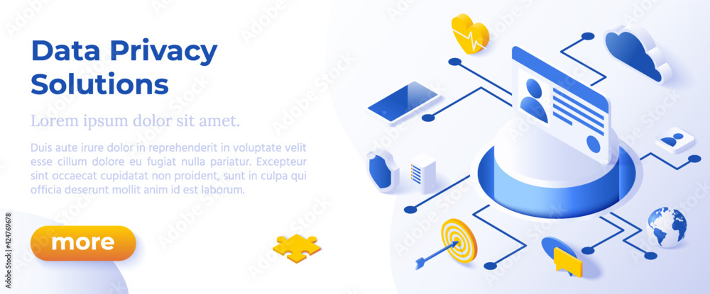 Aufkleber data privacy solutions - isometric design in trendy colors isometrical icons on blue background. ban