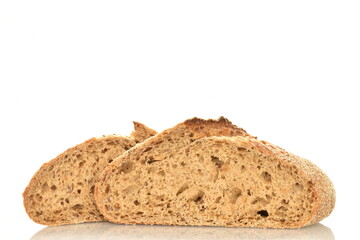 Two halves of a loaf of bread, close-up, isolated on white.