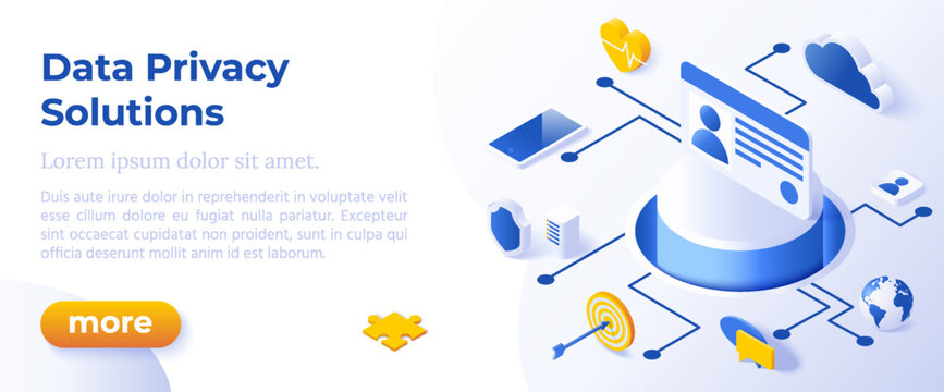 DATA PRIVACY SOLUTIONS - Isometric Design in Trendy Colors Isometrical Icons on Blue Background. Banner Layout Template for Website Development - Powered by Adobe