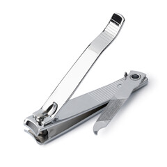 Single metal manicure nail clipper and file isolated on white background 