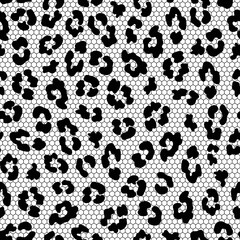 Obraz premium Seamless lace fabric pattern. Black mesh with a leopard print on a white background.