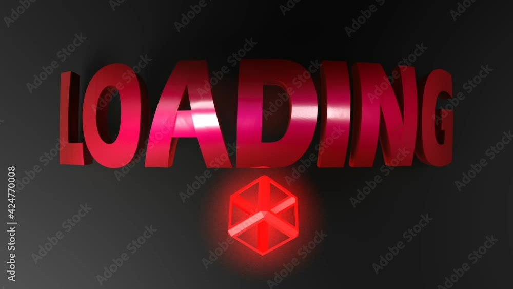 Poster the write loading in red letters, on black background, with a red lighted glowing cube rotating - 3d