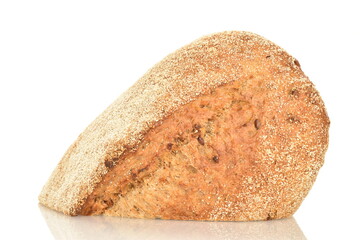One half of a loaf of bread, close-up, isolated on white.