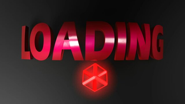 The write LOADING in red letters, on black background, with a red lighted glowing cube rotating - 3D rendering video clip animation