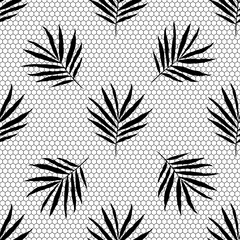 Seamless lace fabric pattern. Black mesh with a palm leaf on a white background.