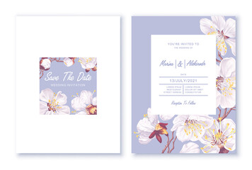 Save the Date, wedding invitation set with sakura flowers. Realistic vector highly detailed plant in pastel colors. Posters, cards, prints, advertising banners, templates for social networks