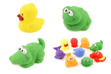 colorful collection of bathing toys on a white background