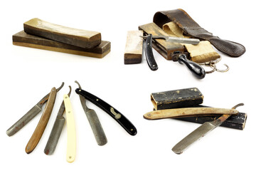 sharpening leathers, a sharpening stone and an old razor on a white background