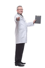 Doctor is wearing white uniform and a tie withe clipboard, stands on a light white background