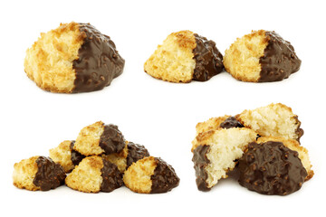 freshly baked cocos and chocolate cookies and a cut one on a white background