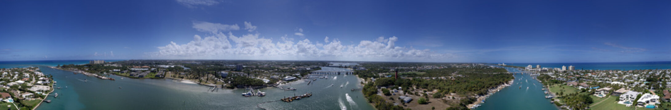 Aerial panorama Jupiter Inlet scene with lighthouse