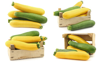 mixed yellow and green zucchini's in a wooden crate on a white background