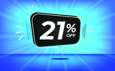 21% off. Blue banner with twenty-one percent discount on a black balloon for mega big sales.