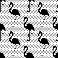 Seamless lace fabric pattern. Black mesh with a flamingo on a white background.