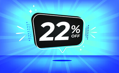22% off. Blue banner with twenty-two percent discount on a black balloon for mega big sales.
