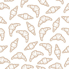 Seamless pattern with hand drawn croissants, buns on white background. Doodle, simple outline illustration. It can be used for decoration of textile, paper and other surfaces.