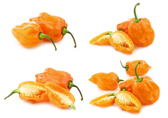 spicy hot adjuma pepper(Capsicum chinense ) and a cut one on a white background