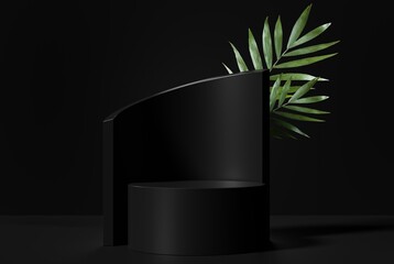 Minimal modern empty cylinder pedestal for product showcase on a black background stage. Nature green leafs. Mockup template. 3d render illustration