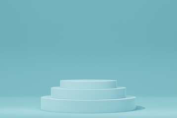 Minimal modern cylinder blue pedestal for product showcase. Stand product mockup. Blue background. 3d render illustration