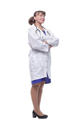 Side view of smiling medical doctor woman with stethoscope