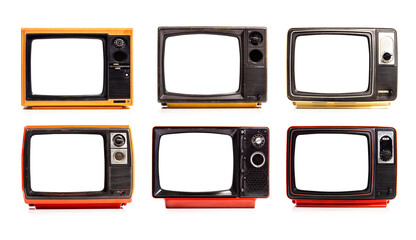 Collection of retro old television red and yellow with white screens isolated on white background....