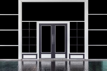 Large aluminum door frames and black stone floor at the entrance to the building