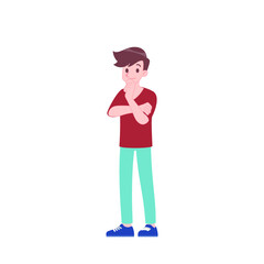 A man pose a figure it out and think gesture. Male character in casual clothes take action as thinking posture.