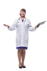 Beautiful female doctor holding clipboard smiling isolated on white background.