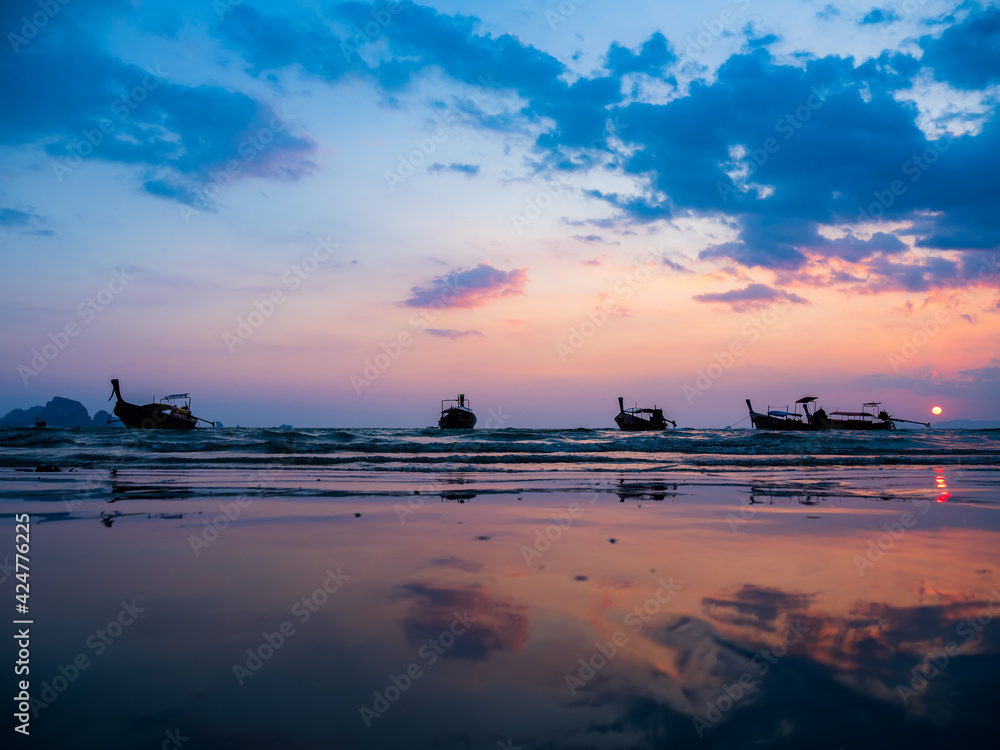 Canvas Prints Traditional thai boats at sunset beach. Ao Nang Krabi province