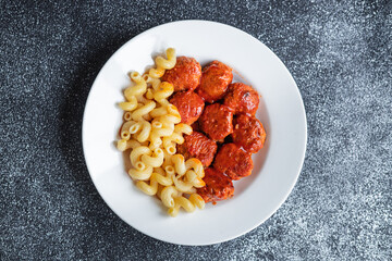 pasta meatballs tomato sauce plate pork beef lamb chicken meat second course portion on the table healthy meal top view copy space rustic food background 