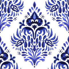 Medallion damask tile watercolor hand drawn floral pattern. Blue and white azulejo