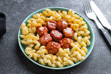 pasta meatballs tomato sauce plate pork beef lamb chicken meat second course portion on the table healthy meal top view copy space rustic food background 