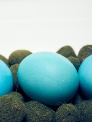 Easter eggs in a carton box on a white background.