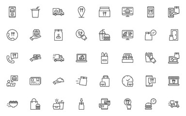 set of food delivery thin line icons, online shopping, restaurant